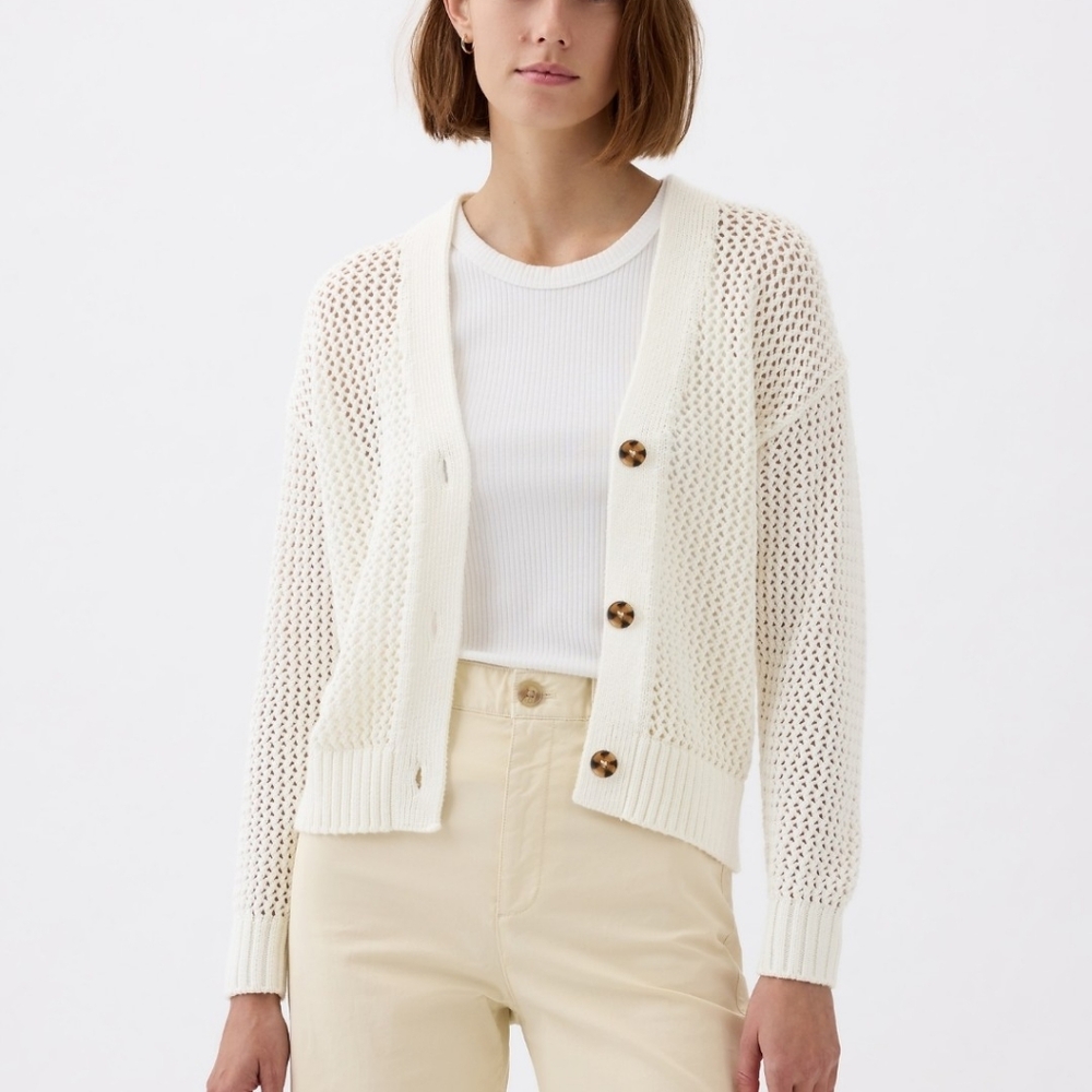 GAP Cream Open-Knit Button Cardigan